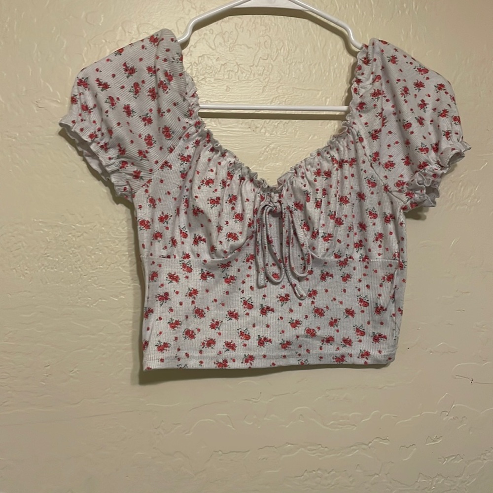 White with red floral crop top